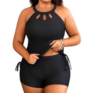 Aqua Eve Women Two Piece Plus Size Swimsuit High Neck Tankini Set Tummy Control Bathing Suit with Shorts (Black-14w)