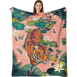 Tiger Blanket 50"x 60", Boho Vintage Tiger Print Water Lilies Tropical Flower Throw Blanket, Pink Green Soft Cozy Lightweight Flannel Throws Blankets Gifts for Women Men Couch Bed Sofa Chair Decor