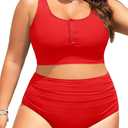 Plus Size 2 Piece Swimsuit - Womens High Waisted Bikini Tummy Control Bathing Suit Ribbed 2025 Swimwear (Red) 22W