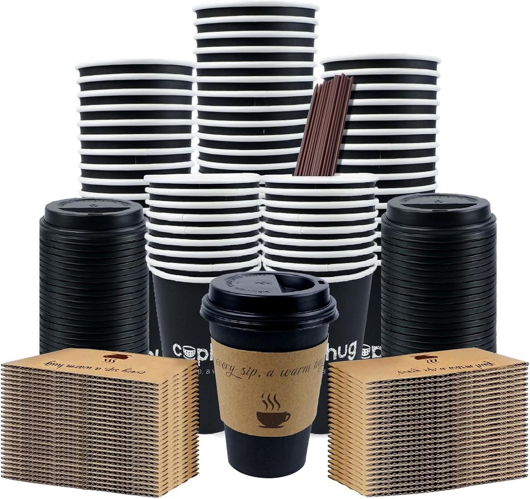 12 oz Disposable Coffee Cups with Lids, Sleeves and Straws 100Pack, Thickened Leak-Proof Insulated Paper Cups for Hot Drinks, Home, Office, Cafe, Party