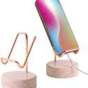 Marble Phone Stand with Metal Holder, Charging While Using, Swipe Up to Unlock, Made of Natural Marble as Business Card Holder for Office Desk (Rose Pink + Rose Gold)