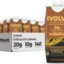 Evolve Plant Based Protein Shake, Chocolate Caramel, 20g Vegan Protein, Dairy Free, No Artificial Sweeteners, Non-GMO, 10g Fiber, 11oz, (12 Pack) (EXP 07/20/26)