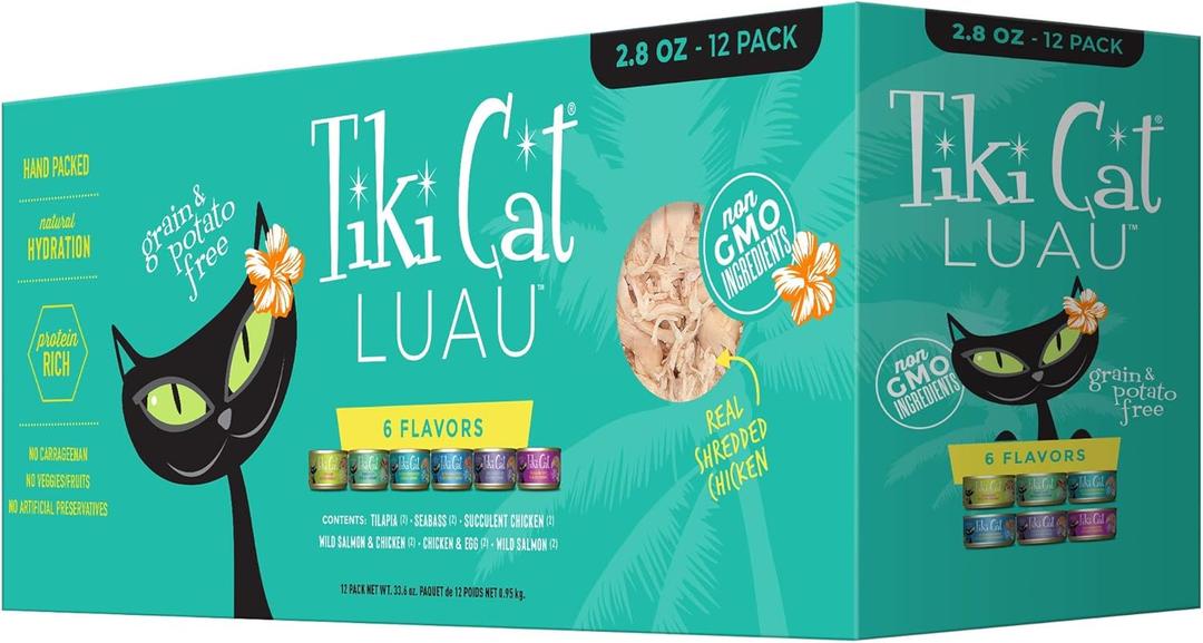 Tiki Cat Luau Variety Pack, Succulent Combinations of Real Shredded Protein in a Rich Flavorful Consumme, Grain-Free Balanced Nutrition Wet Canned Cat Food, For All Life Stages, 2.8 oz. Cans (Pack of 12)