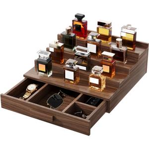 Solid Walnut Cologne Organizer for Men,Cologne Stand,4 Tier Wooden Cologne Holder Shelf Display,Perfume Stand Organizer with Drawer Storage and Hidden Compartment,Gift for Men Dad Husband