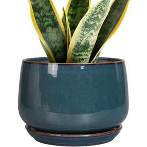 G EPGardening Ceramic Pot for Plants - Modern 7 Inch Round Planter with Drainage and Tray Indoor Outdoor for Flower, Porch Decor, Gardening Gifts, Retro Blue