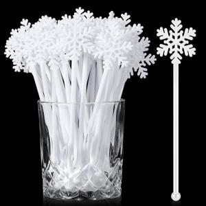 Chengu 100 Pcs Winter Drink Stirrers Xmas Stir Sticks Bulk Holiday Coffee Stirrers Plastic Swizzle Stick Hot Cocoa Bar Supplies Chocolate Decoration Reusable Cocktail Mixer(White Snowflake)