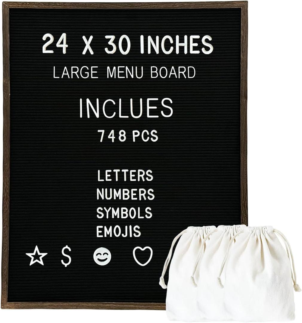 Large Felt Letter Board 24x30 Inch with 748 letters, Menu Board Letter, Felt Board Message Board, Changeable Letter Board Black Letter Board Sign Restaurant, Office, Barnwood Frame Letterboard