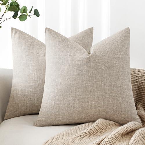 MIULEE 24x24 Inch Euro Linen Burlap Pillow Covers, Set of 2 Large Square Farmhouse Boho Decorative Pillows - Taupe Home Decor for King Bed, Sofa, Couch, Bedroom,Livingroom