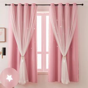 Pink Curtains for Girls Room- Aesthetic Star Cutout Blackout Double Layer with Sheer Overlay, 63 Inch Length 2 Panels Kids Bedroom Curtain Cute Nursery Decor Drapes