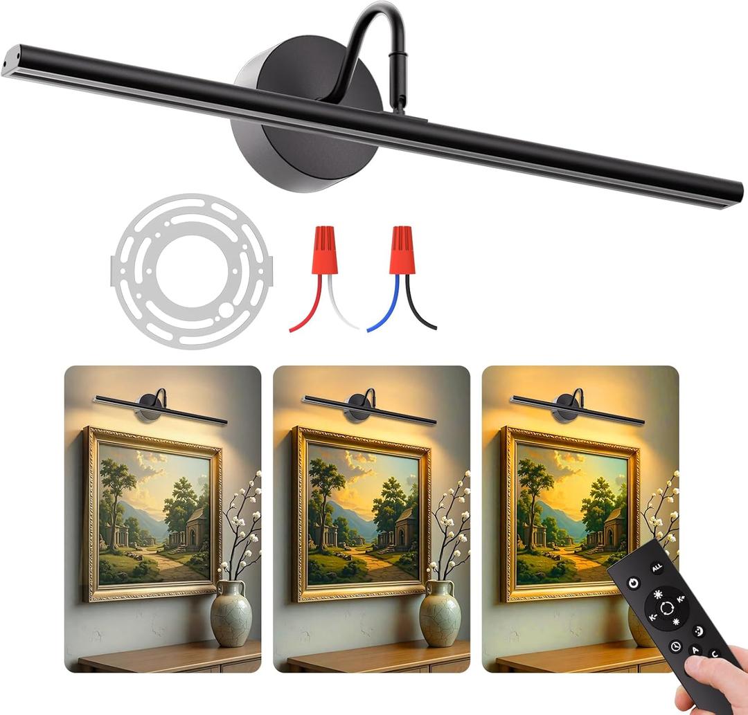 Hardwired Picture Lights for Wall 23.9" LED Wall Art Lights with Remote, 3CCT Dimmable Gallery Art Light for Paintings Poster Light, 15W, 2700K-6500K, 1200LM, Black