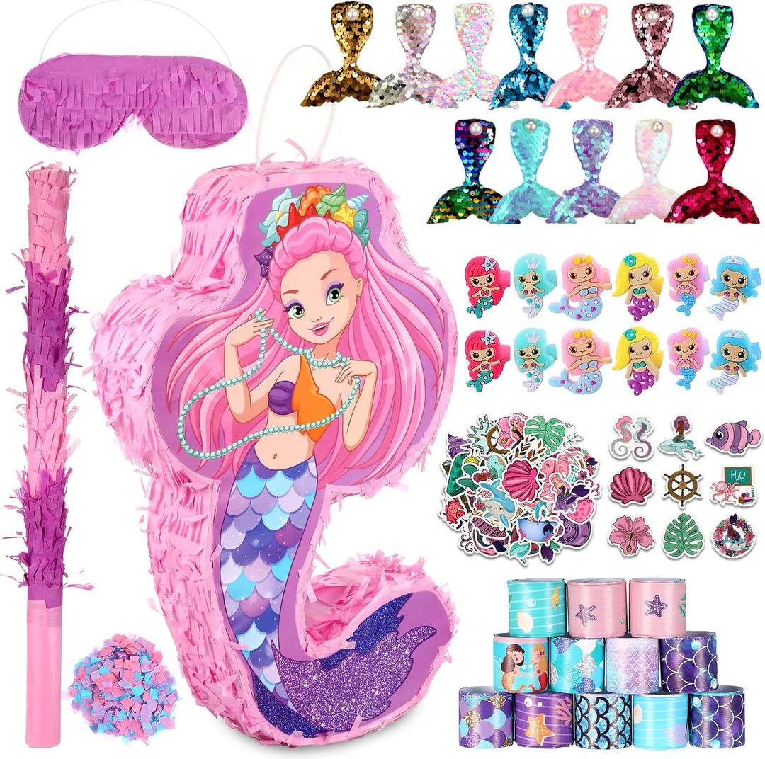 Wettarn 90 Pieces Mermaid Party Favors Includes Piñata Bundle 16 x 12 x 3 Inch, Mermaid Hairpin Slap Bracelets Rings Stickers for Kids Girls Mermaid Birthday Party Supplies Mermaid Goodie Bag Fillers