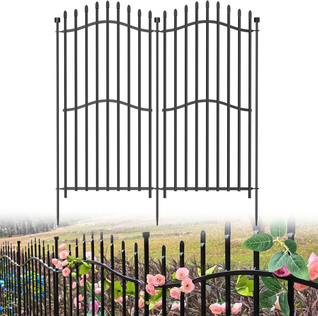 8 Panels Tall No Dig Garden Fence - 48in H x 18ft L, Reinforced Square Tube Rustproof Animal Barrier, Decorative Metal Fencing for Dog Pet Play Areas Yard & Outdoor