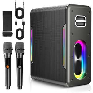 Karaoke Machine with 2 Wireless Microphones Portable Bluetooth Karaoke Machine for Adults Kids Autotune DSP Chip Karaoke Speaker with LED Lights Supports TWS TF Card USB AUX in