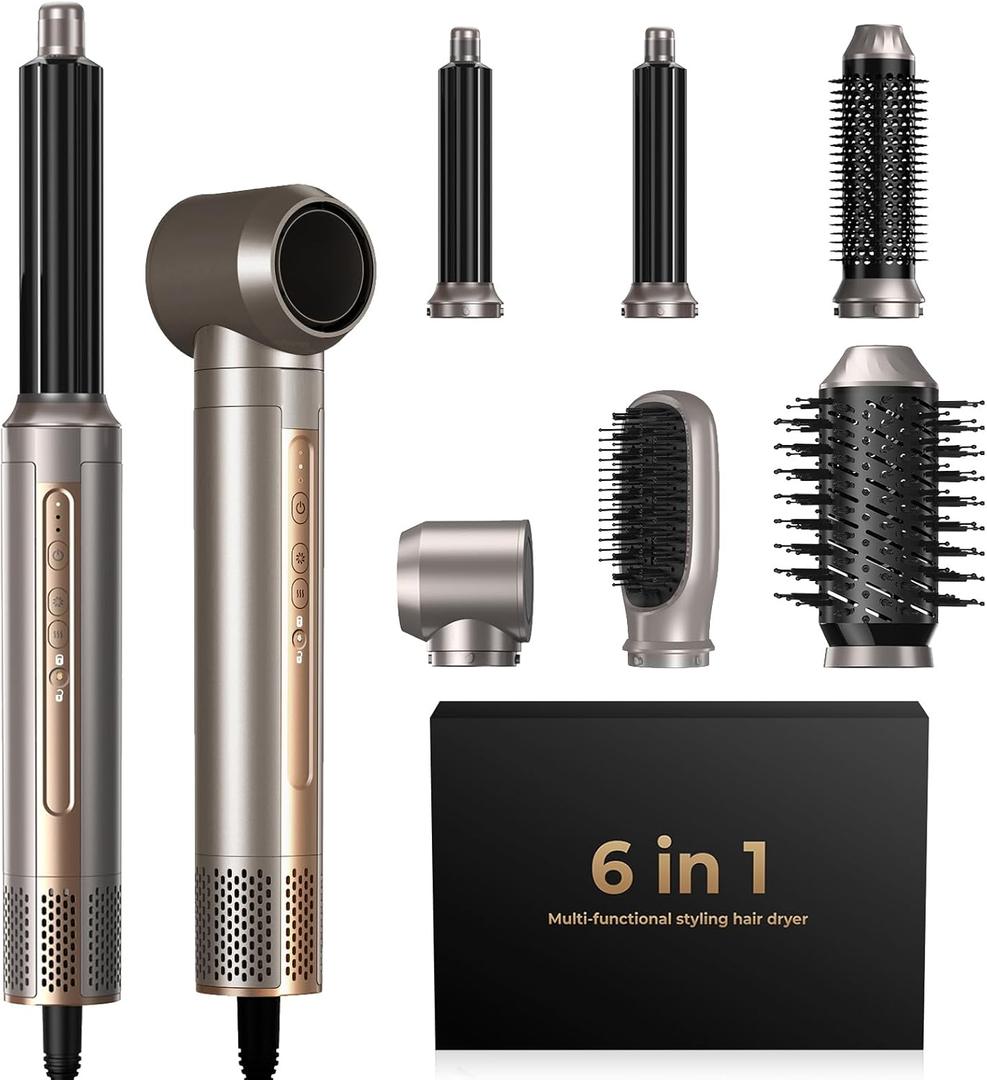 Hair Dryer Brush,6 in 1 Professional Hot Air Styler,Powerful Air Curling Wrap Styler,Negative Ionic Hair Dryer Fast Drying, Multi Hair Stylerfor Curling Volumizing Straightening Styling (Gold)