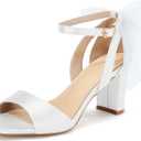 Coutgo Women's Bow Tie Heeled Sandals Chunky Heels One Strap Satin Ankle Buckle Dress Wedding Shoes (8.5, White)