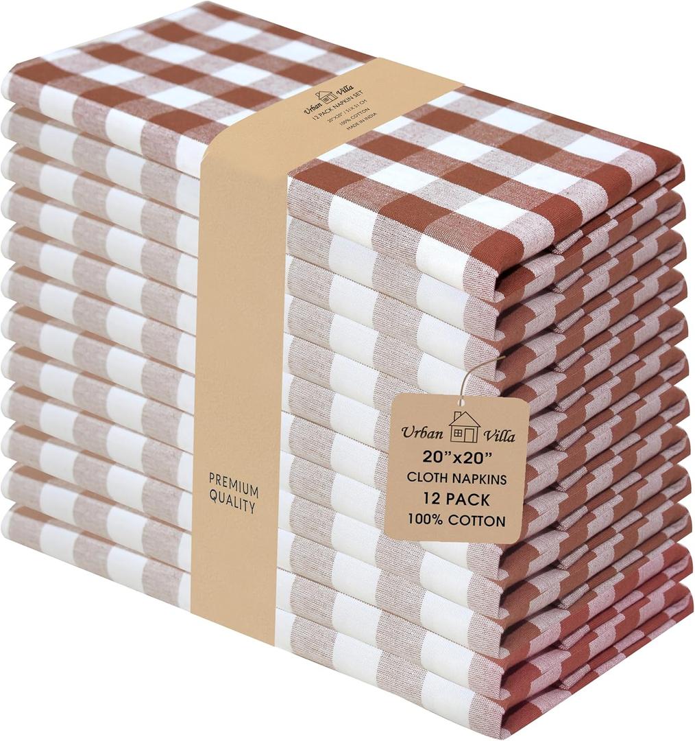 Urban Villa Cloth Napkins 100% Cotton Dinner Napkins Highly Absorbent 20x20 Inches (Set of 12) Brown White Buffalo Checks Reusable Washable Soft Durable Premium Napkins Ideal for Home Wedding Parties