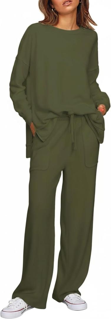 ETCYY NEW Lounge Sets for Women 2 Piece Outfits with Side Split Sweatshirt Tops and Wide Leg Sweatpants (X-Large)