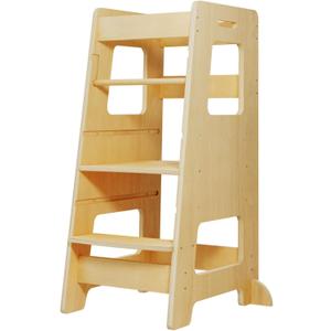 WOOD CITY Kitchen Step Stool for Kids and Toddlers with Safety Rail, Adjustable Height Step Stool Helper Standing Tower Learning Stool for Bathroom & Kitchen Counter (Natural)