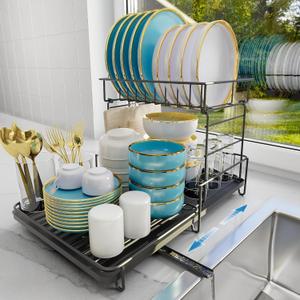 2 Tier Dish Drying Rack - Stainless Steel Large Dish Racks For Kitchen Counter, Rustproof Expandable Dish Drying Rack With Drainboard, Dish Strainers For Kitchen Counter, Black
