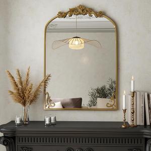 36"x 24" Arched Bathroom Mirror, Wall-Mounted Mirror with Carved Metal Frame & Bottom Art Carved, Vanity Mirror for Home Decor, Hanging Wall Mirror with Baroque Ornate Carved Accents, Vintage Gold