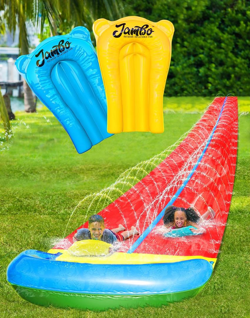JAMBO 32FT Extra Extra Long Slip Splash and Slide and 2 Bodyboards, Heavy Duty Water Slide with Inflatable Crash Pad, Double Lane Slip Slide, Outdoor Backyard Water Slides n Toys for Kids (32FT XXL Slide, Double Lane Central Channel)