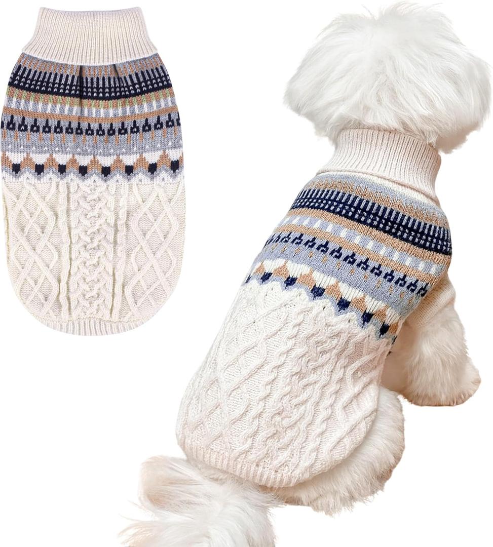 Knit Dog Sweater Turtleneck Cat Cold Weather Pullover Pet Vintage Cable Thick Warm Winter Clothes for Dogs Cats Pug Dachshund Yorkie (Beige, Large)