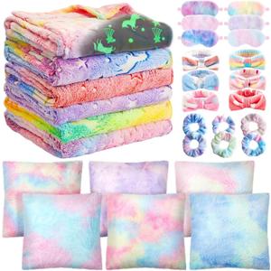 36 Pcs Sleepover Party Supplies for Girls Sets, 6 Glow in The Dark Blanket 6 Pillow with Pillow Core 6 Coral Fleece Headband 6 Plush Eye Mask Covers 6 Scrunchies for Slumber Sleepover Party Gifts Bulk