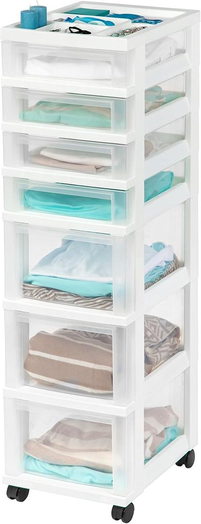 IRIS USA Plastic Drawer Storage Organizer Rolling Cart, with Wheels Casters, 7-Drawers, for Classroom Art Craft Supplies Dresser Closet Bathroom Dorm Bedroom Laundry Room, White/Clear