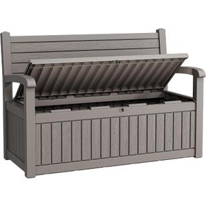 80 Gallon Lockable Deck Bench with Storage, Resin Stripes Outdoor Storage Box, Waterproof Outdoor Porch Bench for Cushions Garden Tools, and Pool Supplies, Grey, 52 x 23 x 35 inches