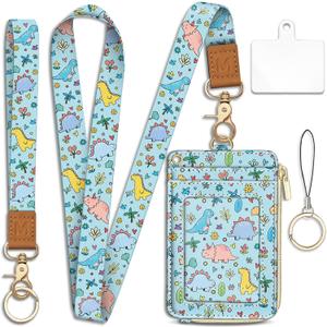 Dinosaur Lanyard Wallet with ID Badge Holder, Cute Floral Small RFID Wallet Women Keychain Wristlet, Slim Credit Card Holder with Zipper Pocket Phone Lanyard Wrist Strap Name Tag Office Teacher Gift