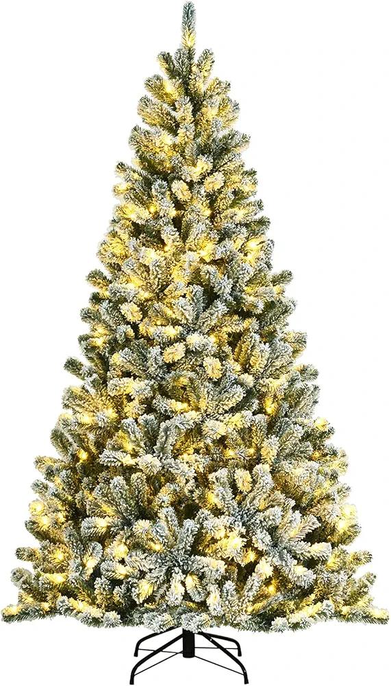 Goplus 7FT Pre-Lit Snow Flocked Christmas Tree, Artificial Hinged Xmas Tree W/ 450 LED Lights, Foldable Metal Stand and 1116 Branch Tips, Fake Snow Flocked Tree for Indoor Home Office Party Decoration