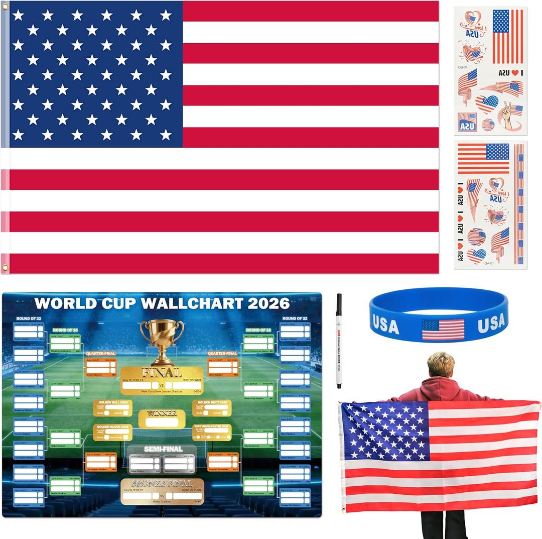 2026 Soccer Fan Accessories with Large 3 x 5 ft Flag, World Cup Bracket Poster, Stickers, Marker & Bracelet, World Cup Decorations Fan kit for Soccer Watch Party, Stadium and Home Cheering