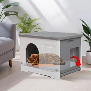 Plastic Cat House Outdoor & Indoor, Waterproof Feral Cat Houses with Escape Door, Sturdy Outdoor Cat House with Bed Mat, Outside Cat Shelter for Small Pet, Assemble and Clean Easily-Grey