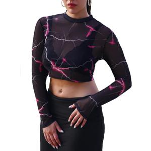 Avidlove Mesh Top Mesh Crop Top for Women Y2K Long Sleeve Mock Neck Top S-XXL (Black, S)