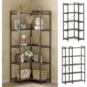 Tohomeor Bookshelf 5 Tier Deformable Corner Bookcase Free Standing Modern Industrial Book Storage Display Book Shelf for Bedroom Living Room Study Room Office (Dark Grey)