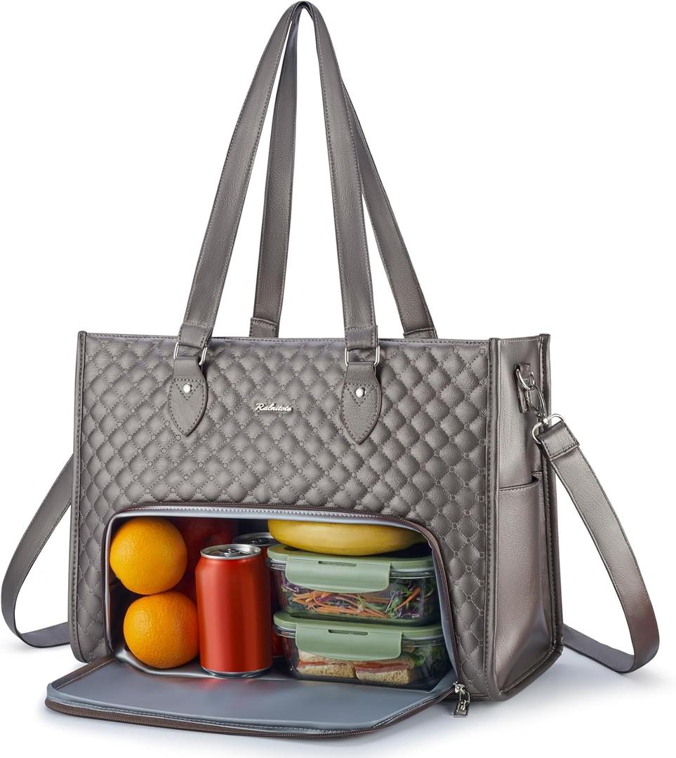 Laptop Tote Bag with Insulated Lunch Compartment for Women, PU Leather 15.6 Inch Work Bag, Elegant Computer Handbag, Versatile Business Tote for Office,Travel or Casual-Mocha Bronze