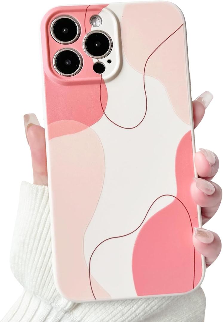 NITITOP Compatible with iPhone 15 Pro Max Case Cute Geometric Lines Color Lump for Women Girls Men Stylish Slim Fit Soft TPU Bumper Silicone Shockproof Full Camera Protective Cover - Pink