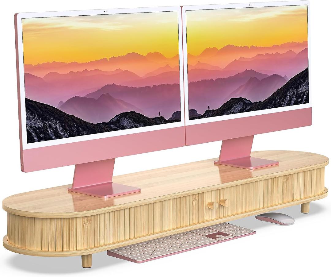 Bamboo Dual Monitor Stand with Storage, Curved Double Computer Laptop Stand Desk Shelf Organizer with Sliding Doors (42 inch)