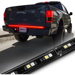 OPT7 Redline Parlux 60" Aluminum Truck Tailgate Light Bar w/Flash Red Turn - Rigid 2-Section Single Row LED Strip, Dynamic Taillight w/White Reverse, Red Running - Fits F150, Silverado, Sierra, Ram
