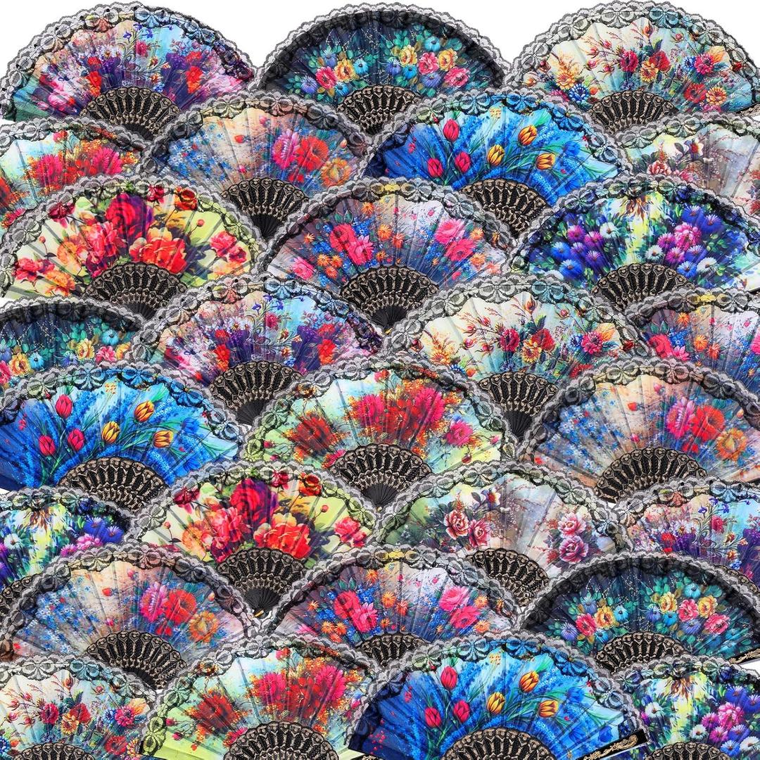 Geetery 30 Pcs Folding Hand Fan Bulk for Women Spanish Fans for Line Dancing Vintage Colorful Rave Foldable Cooling Accessory for Summer Tea Party Wedding Church Gifts(Floral,Colors Random)