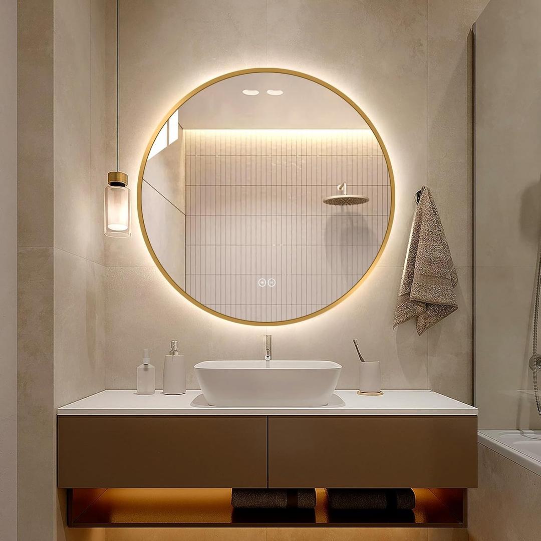 LAIYA 32 Inch Gold Round LED Bathroom Mirror, Anti Fog, Dimmable, 3 Colors