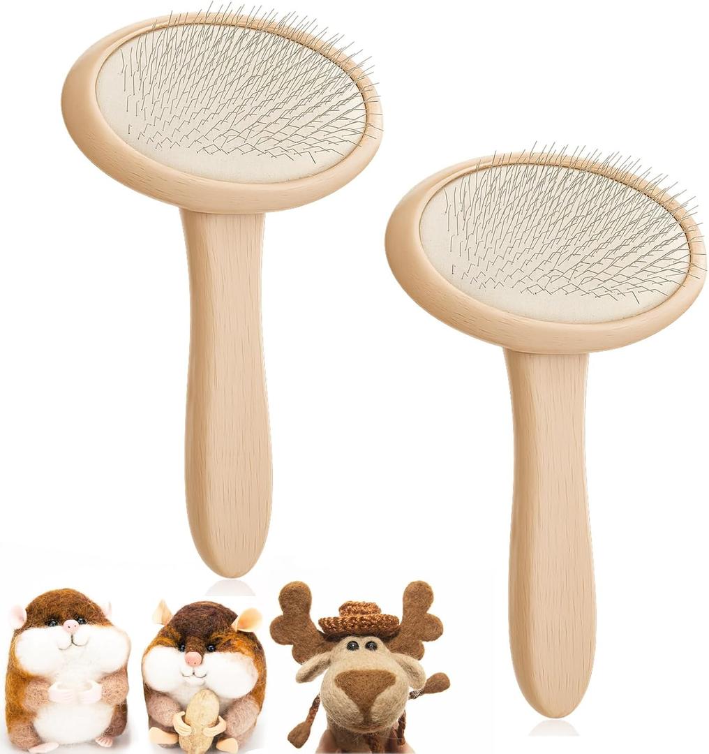 Tessco for you 2 Pcs Wood Hand Carders Needle Felting Brushes Carpet Brush Dog Brush for Long Haired Dogs DIY Felt Project & Pet Fur Grooming (Beige Medium Oval Style)