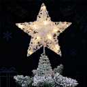 Jojofuny Christmas Tree Star Topper with Lights - 10 x 7 inch Xmas Glitter White Hollow Star Treetop for Christmas Tree Decor, Led Sparkling Treetop with 3 AA Battery Box for Xmas Decorations