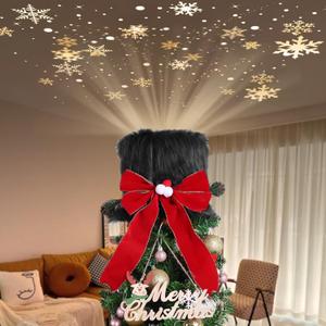 HIAGROW Christmas Tree Topper Hat with 3D LED Rotating Snowflake Projector, Black Plush Tree Toppers Red Bow Decorations for Christmas Tree Holiday Winter Party Home Indoor Decorations