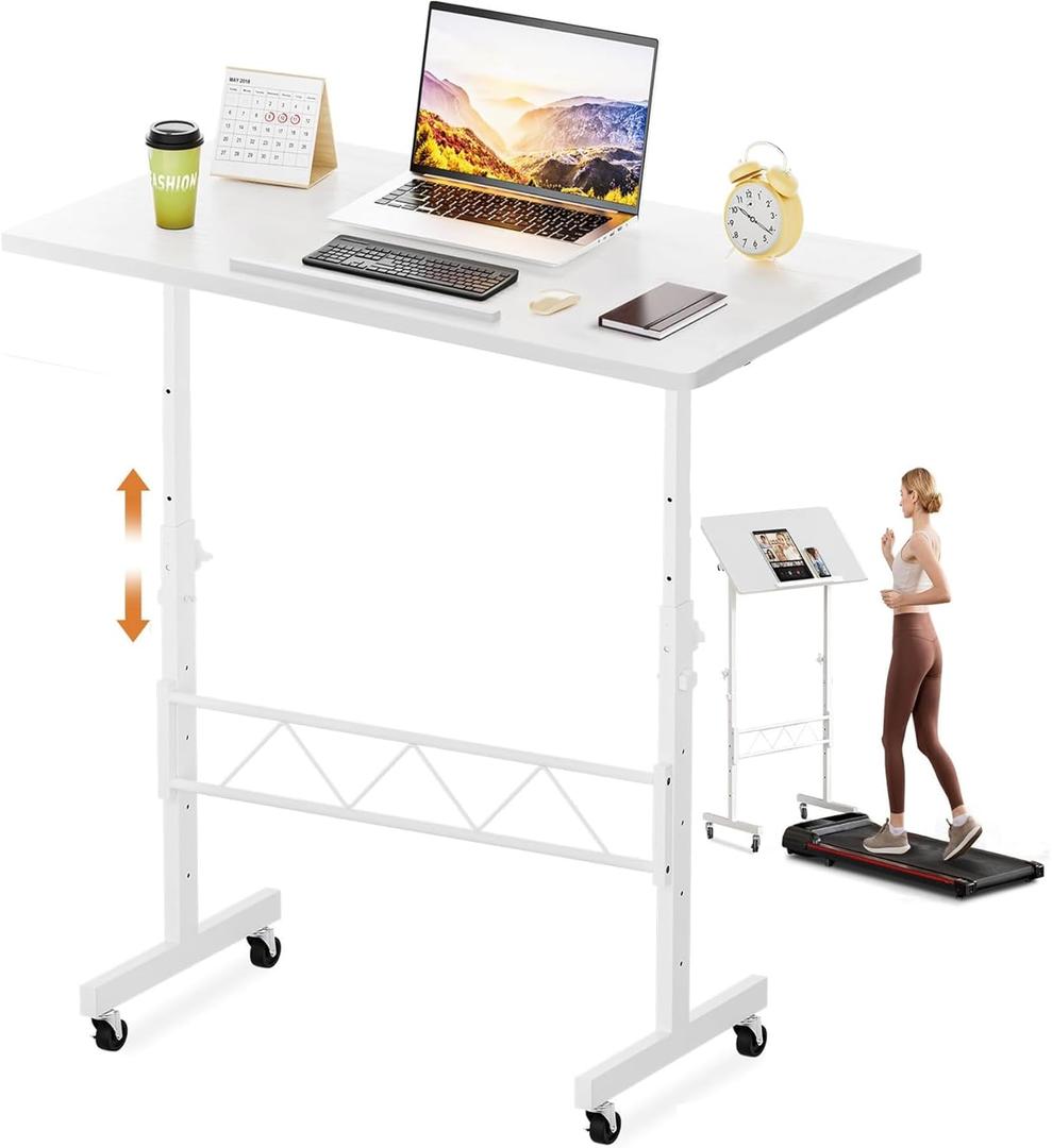 COMHOMA Small Standing Desk Adjustable Height & Tiltable Tabletop, Mobile Stand Up Desk for Laptop, Portable Computer Table for Home Office Work and Walking Pad Treadmill, Height 30.7"-46.4", White (31.5 IN)