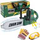 Kids Electric Chainsaw Toy Tool Pretend Play Set with Safety Goggles, Work Gloves | Rotating Chain and Realistic Sound Effects