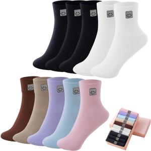 HUGSWEET Soft Comfy Cotton Breathable Socks for Women above Ankle Mini Crew Bootie Socks Gifts for Women 5-10 Pairs (9-12, 3 Black,2 White,coffee,khak,light Blue,light Purple,light Pink)