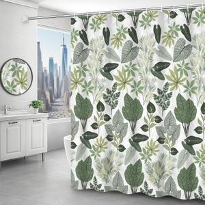 Green Leaf Shower Curtain Tropical Theme Palnt Leaves Curtain for Bathroom Green Jungle Leaves Waterproof Shower Curtain with Hooks Polyester Fabric 72x72 Inch