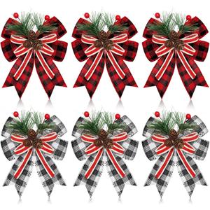 Moucuny 6 Pcs Christmas Burlap Plaid Bow with Pine Cones Pine Needles Xmas Checkered Ribbon Bow for Christmas Indoor Outdoor Farmhouse Tree Wreath Garland Craft Decor(Black and White, Black and Red)