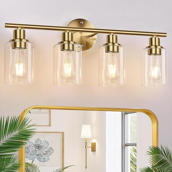 Blinghy 4-Light Bathroom Light Fixtures, Gold Modern Vanity Light with Clear Glass Shade, Bathroom Lighting Fixtures Over Mirror, Bathroom Wall Lamp for Mirror Living Room Bedroom Kitchen Hallway